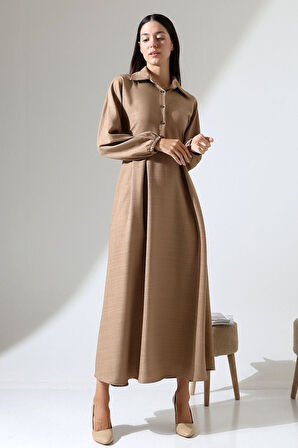 Kadın Belden Oturtmalı Kendinden Kuşaklı Keten Tesettür Elbise