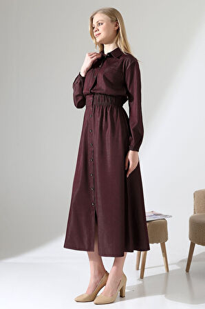 Kadın Boydan Düğmeli Bel Lastik Torba Cepli Tesettür Elbise