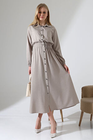 Kadın Boydan Düğmeli Bel Lastik Torba Cepli Tesettür Elbise