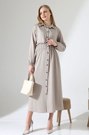 Kadın Boydan Düğmeli Bel Lastik Torba Cepli Tesettür Elbise