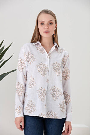 Kadın Yaprak Desenli Keten Gömlek