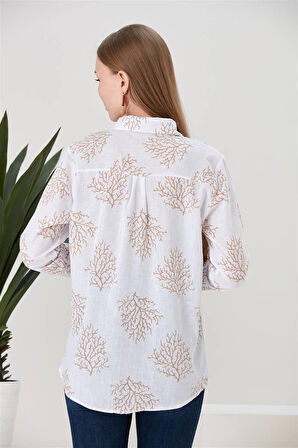 Kadın Yaprak Desenli Keten Gömlek