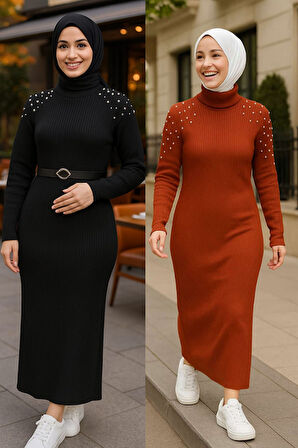 Boğazlı İnce Fitilli Omuz İnci Detaylı 2'li Triko Elbise