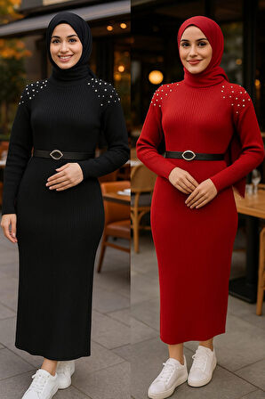 Boğazlı İnce Fitilli Omuz İnci Detaylı 2'li Triko Elbise