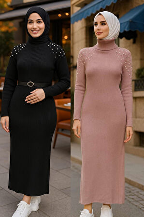 Boğazlı İnce Fitilli Omuz İnci Detaylı 2'li Triko Elbise