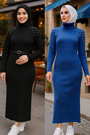 Boğazlı İnce Fitilli Omuz İnci Detaylı 2'li Triko Elbise