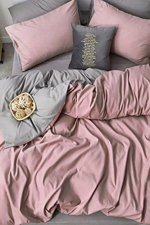 More Home Pamuklu Lastikli Çarşaflı Tek Kişilik Nevresim Takımı Gülkurusu-Antrasit