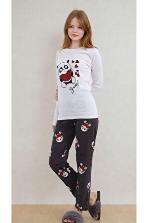 Kadın Panda Desenli Kalpli Uzun Kollu Pijama Takımı