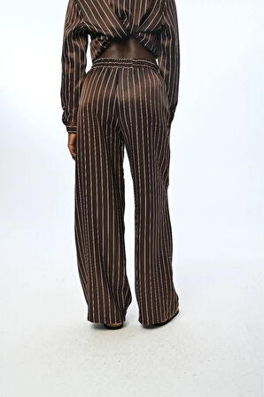 KADIN BELİ LASTİKLİ BOL PAÇA ÇİZGİLİ PANTOLON