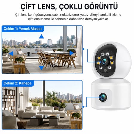 6MP 360° Çift Lensli WiFi Kamera Gece Görüşlü Uzaktan İzleme ve Sesli Konuşma Özellikli Akıllı Güvenlik Kamerası