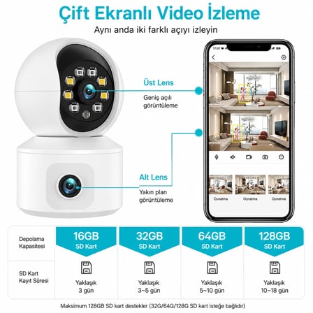 6MP 360° Çift Lensli WiFi Kamera Gece Görüşlü Uzaktan İzleme ve Sesli Konuşma Özellikli Akıllı Güvenlik Kamerası