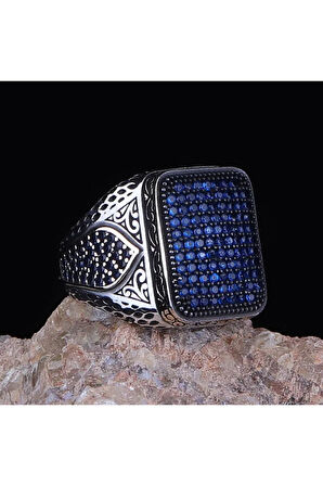 Erkek Gümüş Yüzük - Mikro Lacivert Taş Süslemeli Erkek Yüzük