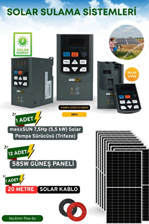 SOLAR GÜNEŞ ENERJİ SULAMA SİSTEMİ MEXSUNN 7.5 HP 5.5 KW TRİFAZE SOLAR POMPA SÜRÜCÜSÜ 585 W Güneş