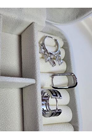3'lü Mineli Pembe Halka Shakira Dikdörtgen Çelik Silver Küpe Seti