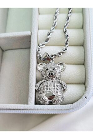 Teddy Ayı Figürlü Zirkon Taşlı Burgu Zincir Çelik Silver Renkli Kolye