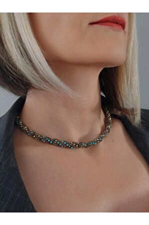 Etnik Bohem Sarmal Dönmeli Model Kristal Bakır Turkuaz Boncuk Kolye