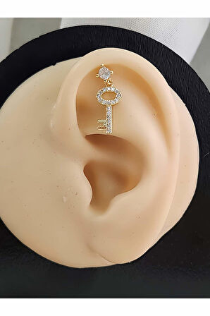 Kilit Anahtar Model Kıkırdak Piercing Tragus Helix Altın Gold Renk Küpe
