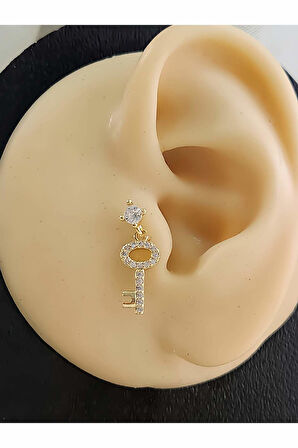 Kilit Anahtar Model Kıkırdak Piercing Tragus Helix Altın Gold Renk Küpe