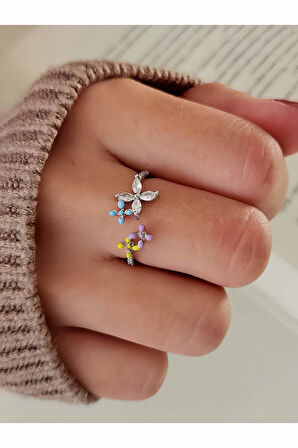 Çiçek Model Taşlı Mineli Gümüş Silver Renk Eklem Yüzük