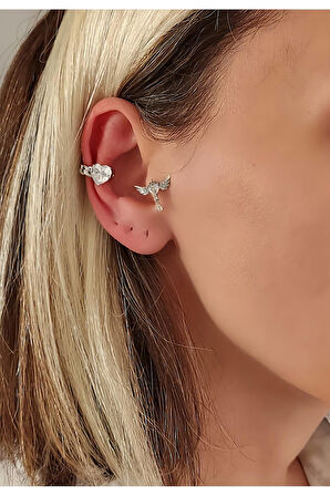 Kalp Model Zirkon Taşlı Model Gümüş Renkli Kıkırdak Sıkıştırmalı Küpe Earcuff