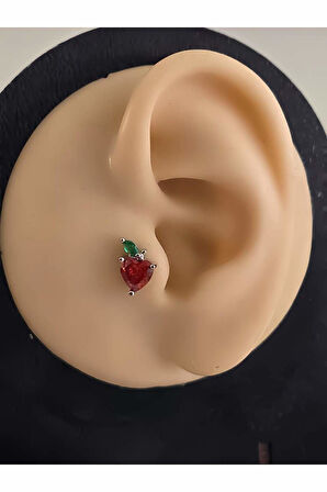 Kırmızı Elma Model Kıkırdak Piercing Tragus Helix Silver Gümüş Renk Küpe