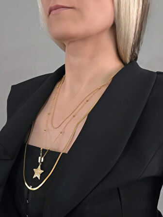 3'lü Zincir Yıldız İtalyan Zincir Model Gold Renk Kolye