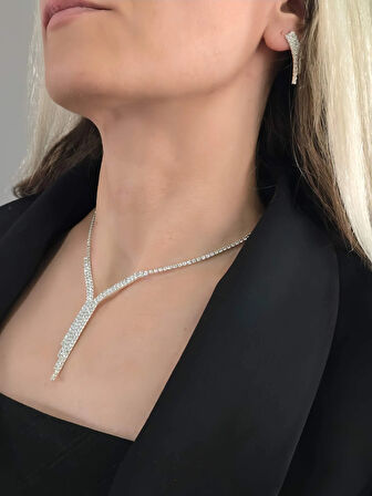 Kristal Taşlı Su Yolu Sarkıt Model Yılbaşı - Abiye - Düğün -Event Kolye Küpe Set