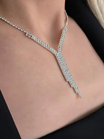 Kristal Taşlı Su Yolu Sarkıt Model Yılbaşı - Abiye - Düğün -Event Kolye Küpe Set