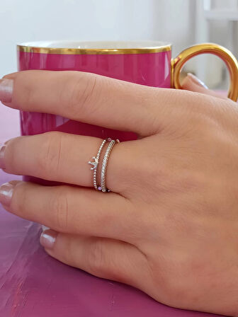 Taç Model Minimalist Taşlı Model Ayarlanabilir Silver Renk Çelik Yüzük