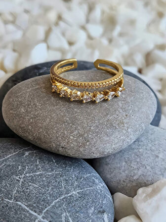 İki Sıralı Damla Taş Model Ayarlanabilir Gold Renk Çelik Yüzük