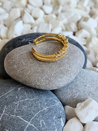 İki Sıralı Damla Taş Model Ayarlanabilir Gold Renk Çelik Yüzük