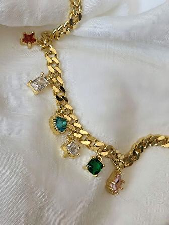 Renkli Baget Figürlü Gurmet Model Gold Renk Çelik Bileklik