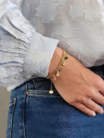 Renkli Baget Figürlü Gurmet Model Gold Renk Çelik Bileklik