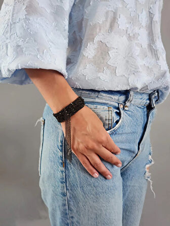 Kordon Çelik Zincir Örme 8 Sıralı Sallantılı El Yapımı Siyah Renk Bohem Bileklik