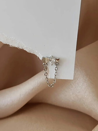 Kalp Zincir Sallantılı Model Kıkırdak Tragus Helix Piercing Gümüş Renk Küpe