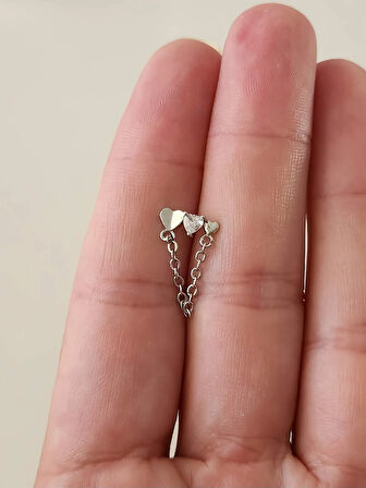 Kalp Zincir Sallantılı Model Kıkırdak Tragus Helix Piercing Gümüş Renk Küpe