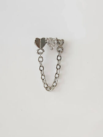 Kalp Zincir Sallantılı Model Kıkırdak Tragus Helix Piercing Gümüş Renk Küpe