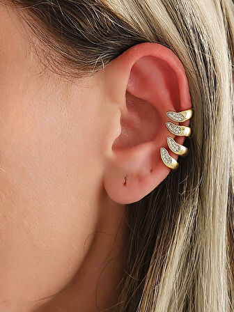 Dalga Model Zirkon Taşlı Deliksiz Kıkırdak Küpe