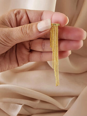 Kristal Taşlı Zincir Sallantılı Deliksiz Kıkırdak Gold Altın Renkli Küpe