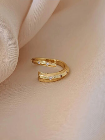 Çapraz Zirkon Taşlı Model Ayarlanabilir Gold Altın Renkli Yüzük
