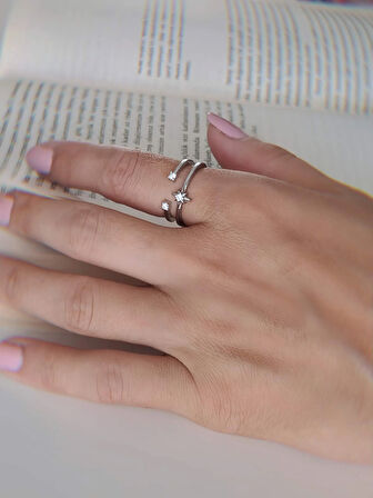 İki Sıralı Yıldız Zirkon Taşlı Ayarlanabilir Silver Gümüş Renkli Yüzük