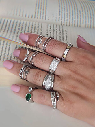 İki Sıralı Yıldız Zirkon Taşlı Ayarlanabilir Silver Gümüş Renkli Yüzük