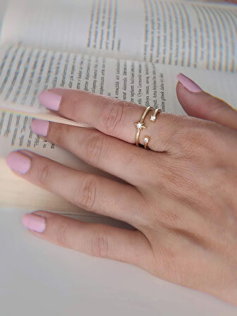 İki Sıralı Yıldız Zirkon Taşlı Ayarlanabilir Gold Altın Renkli Yüzük