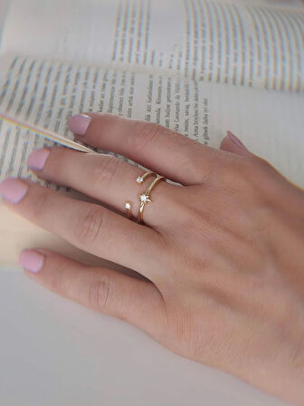 İki Sıralı Yıldız Zirkon Taşlı Ayarlanabilir Gold Altın Renkli Yüzük