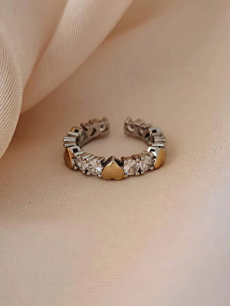 Kalp Tek Taş Model Ayarlanabilir Silver Gold Altın Renkli Yüzük