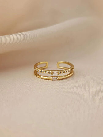 İki Sıralı Zirkon Taşlı Ayarlanabilir Gold Altın Renkli Yüzük