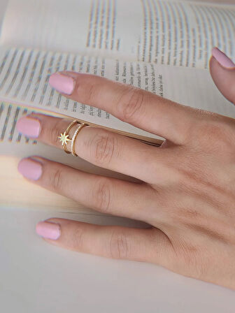 İki Sıralı Kutup Yıldız Model Eklem Kıkırdak Kemik Ayarlanabilir Gold Altın Renkli Yüzük