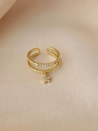 İki Sıralı Sallantılı Yıldız Eklem Kemik Ayarlanabilir Gold Altın Renkli Yüzük