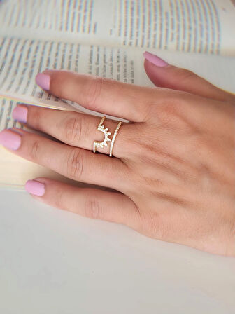 Güneş İki Sıralı Taşlı Model Ayarlanabilir Gold Altın Renkli Yüzük