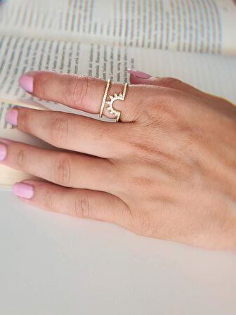 Güneş İki Sıralı Taşlı Model Ayarlanabilir Gold Altın Renkli Yüzük